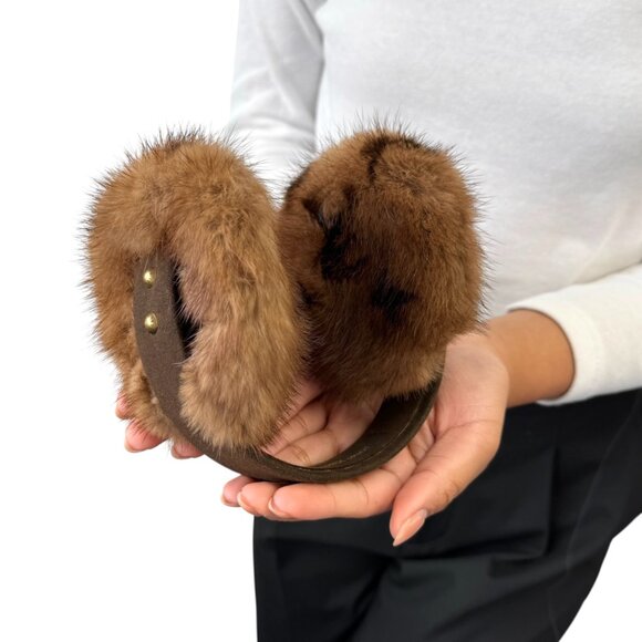 LOUIS VUITTON Vintage LV Monogram Mink Earmuffs Brown Gold Suede [106418] - Picture 3 of 15